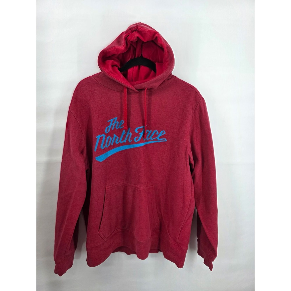 The North Face Mens Large Red Blue Script Graphic Pullover Hoodie Sweatshirt